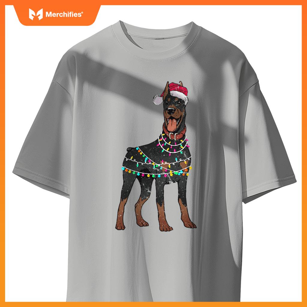 Doberman Santa Christmas Lights Dog T-Shirt