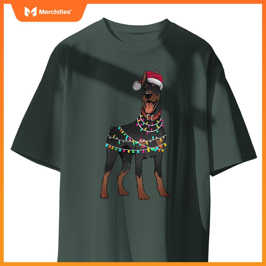 Doberman Santa Christmas Lights Dog T-Shirt