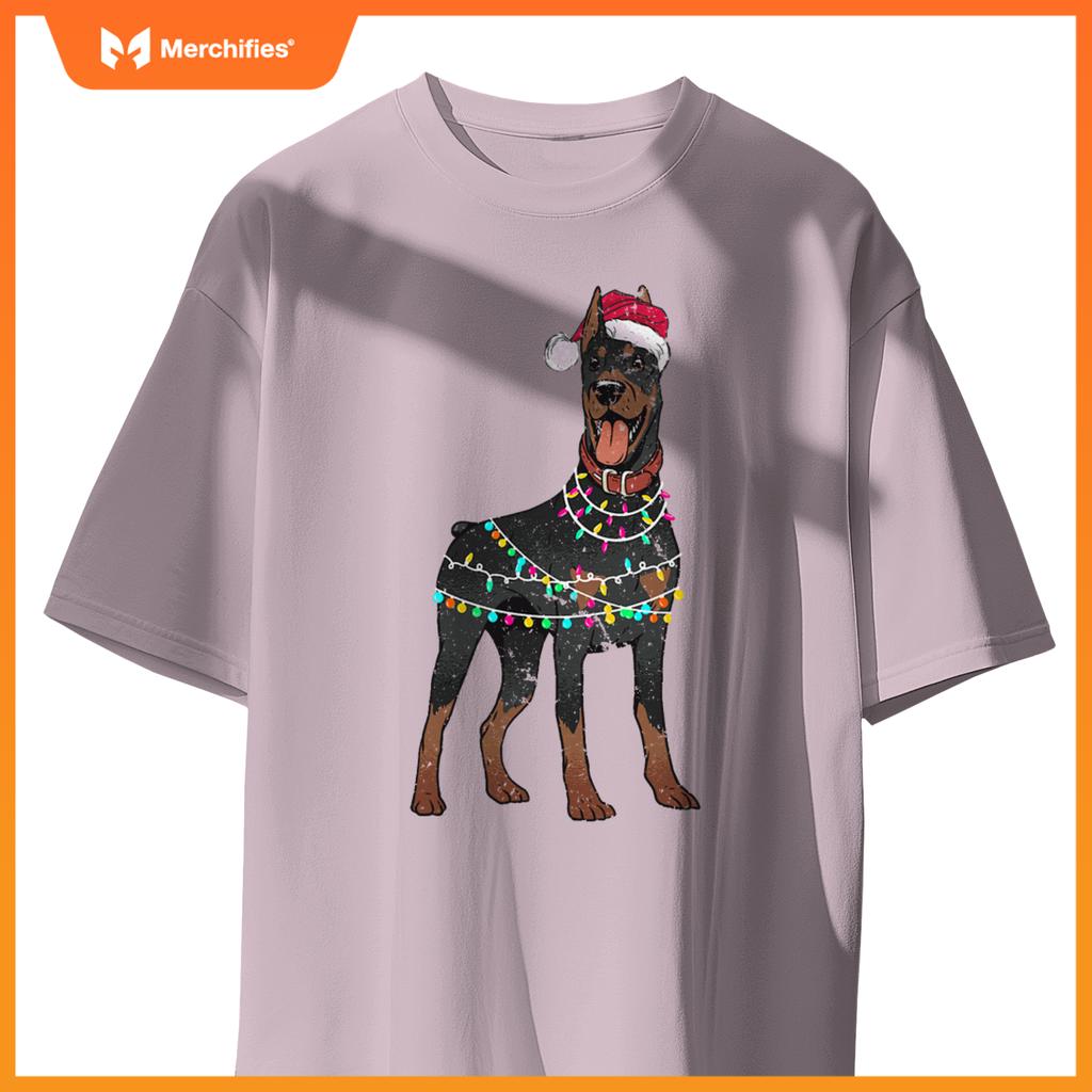 Doberman Santa Christmas Lights Dog T-Shirt