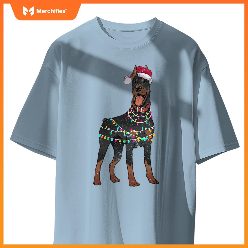 Doberman Santa Christmas Lights Dog T-Shirt