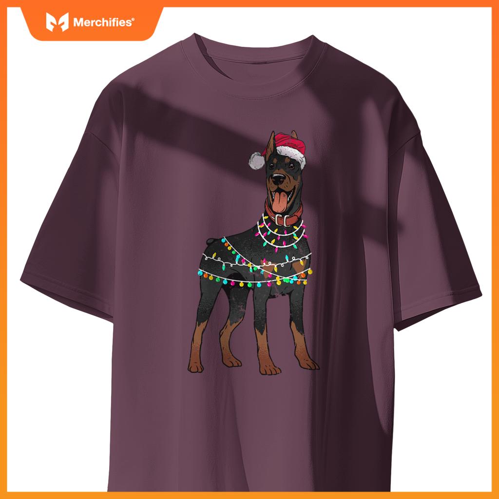 Doberman Santa Christmas Lights Dog T-Shirt