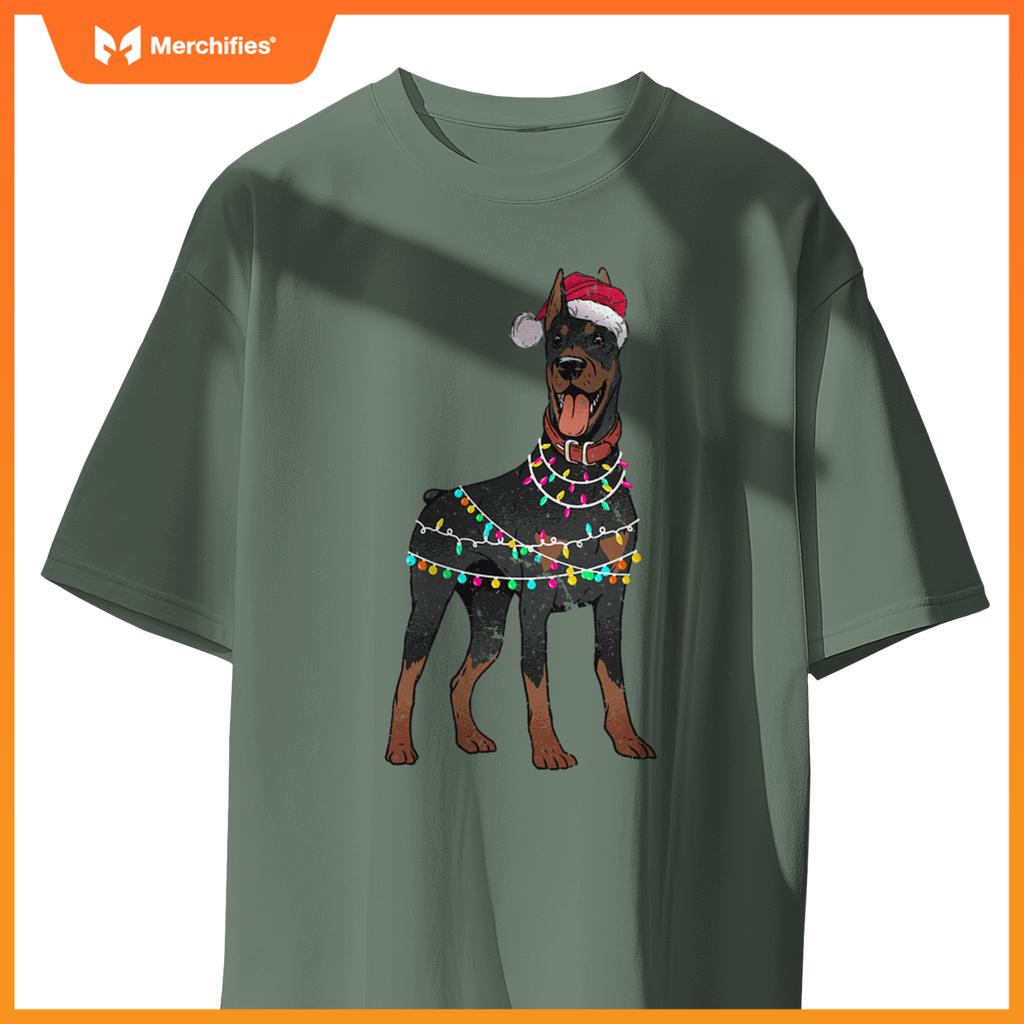 Doberman Santa Christmas Lights Dog T-Shirt