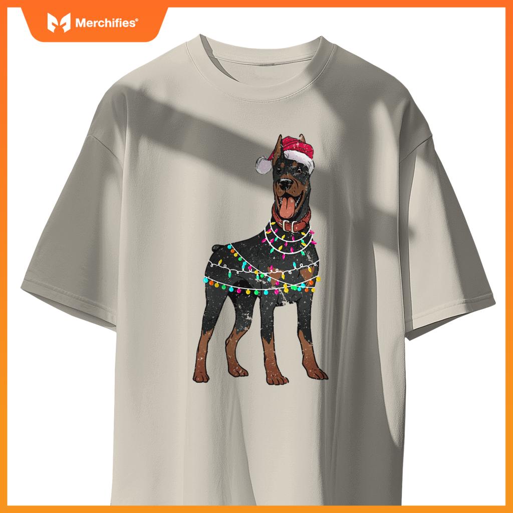 Doberman Santa Christmas Lights Dog T-Shirt