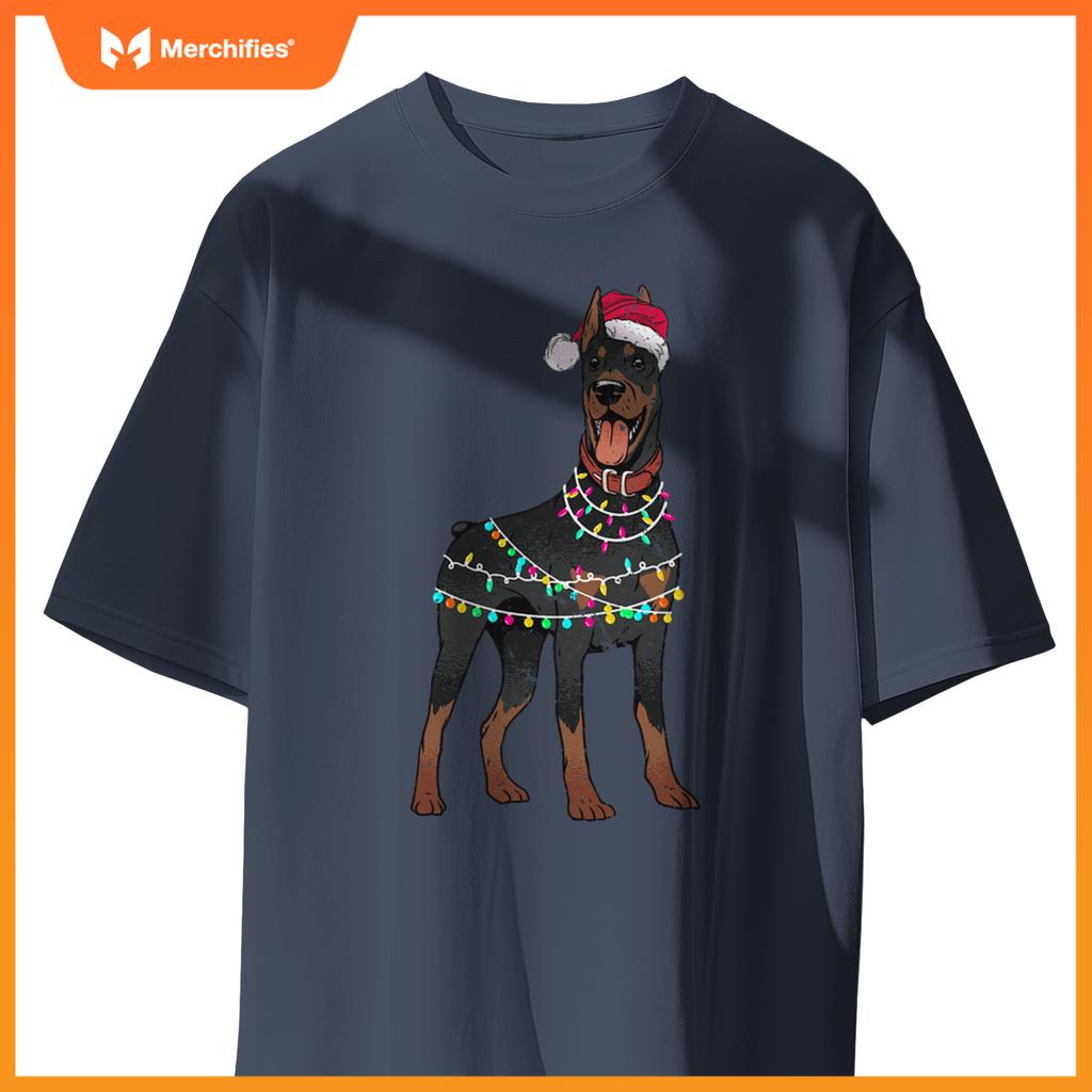 Doberman Santa Christmas Lights Dog T-Shirt