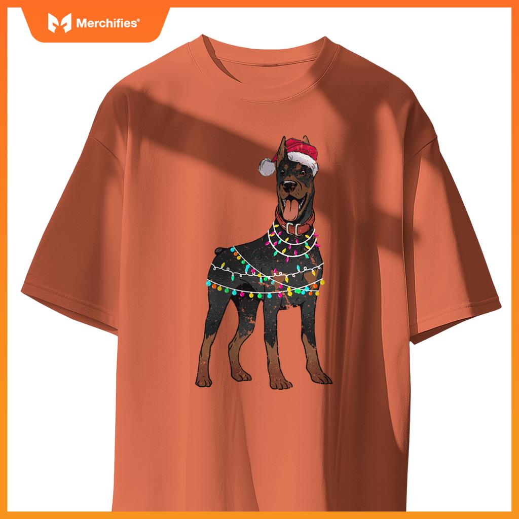 Doberman Santa Christmas Lights Dog T-Shirt