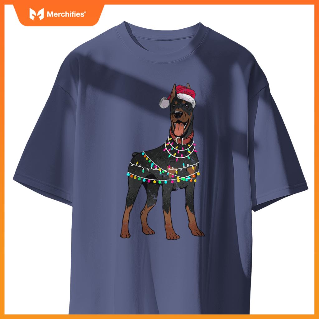 Doberman Santa Christmas Lights Dog T-Shirt