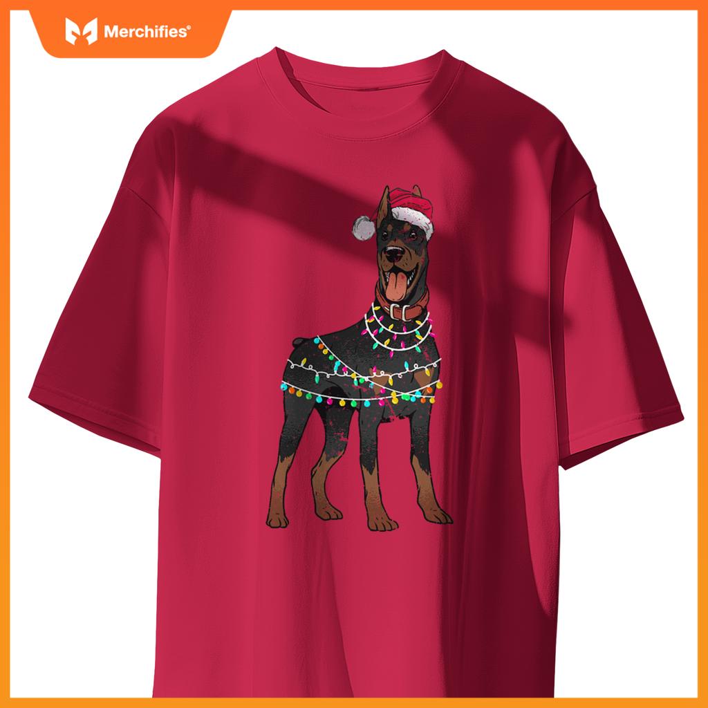 Doberman Santa Christmas Lights Dog T-Shirt