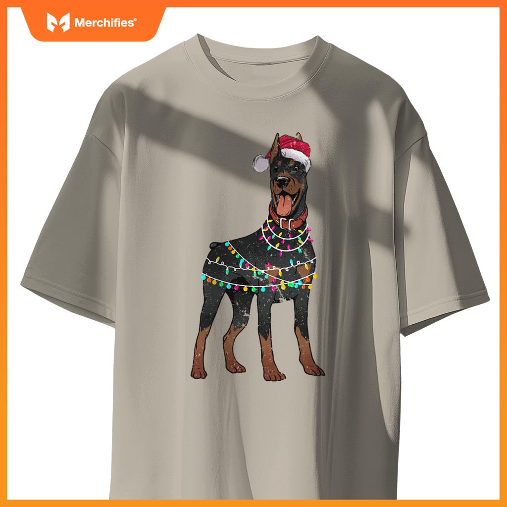 Doberman Santa Christmas Lights Dog T-Shirt
