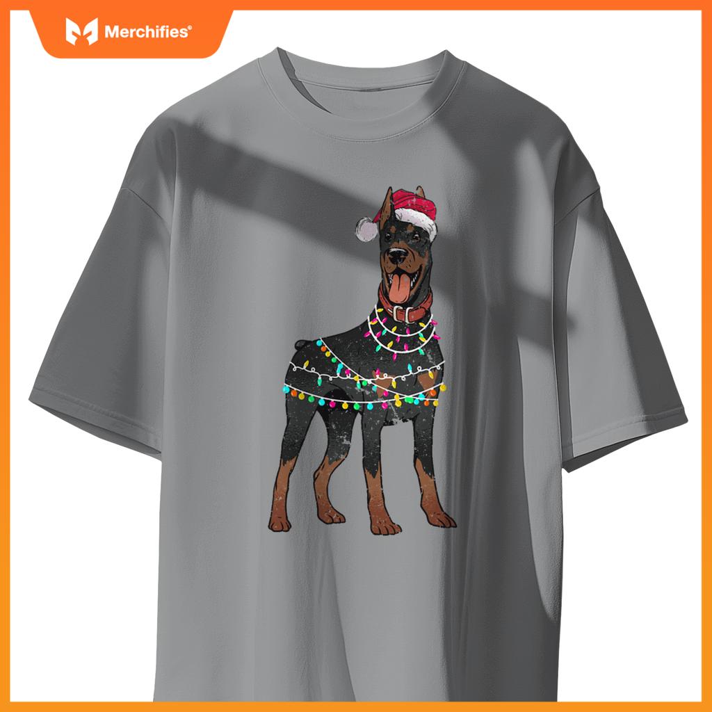 Doberman Santa Christmas Lights Dog T-Shirt