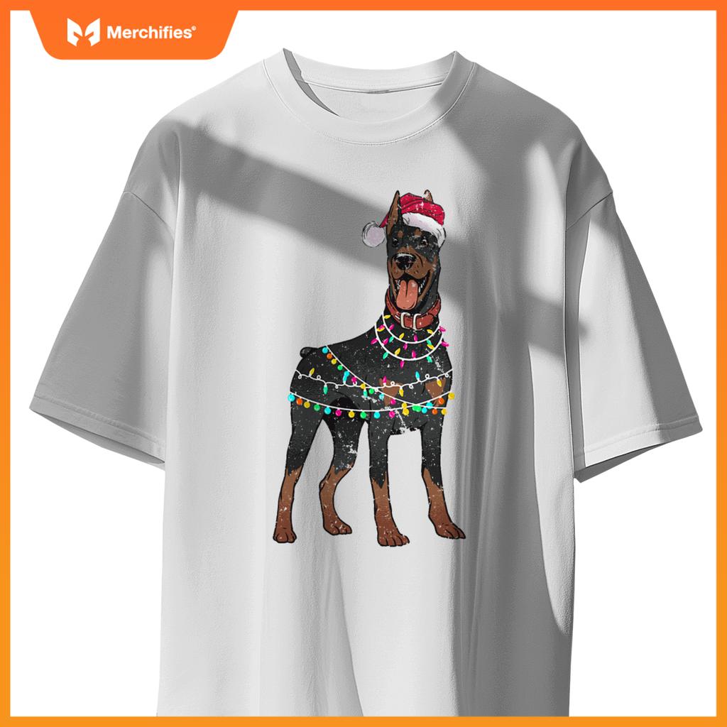 Doberman Santa Christmas Lights Dog T-Shirt
