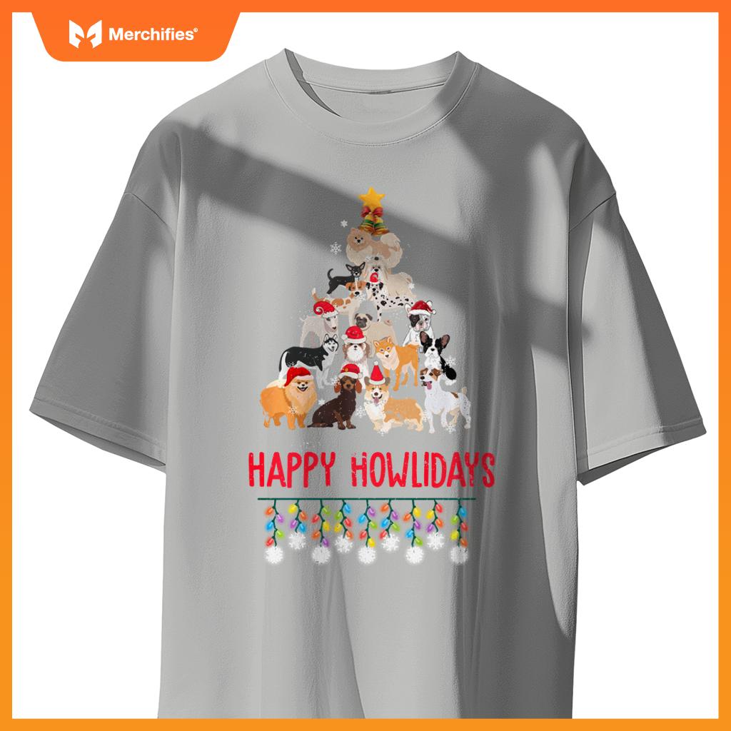Dog Lover Merry Christmas Tree Dog Breeds Happy Howlidays T-Shirt