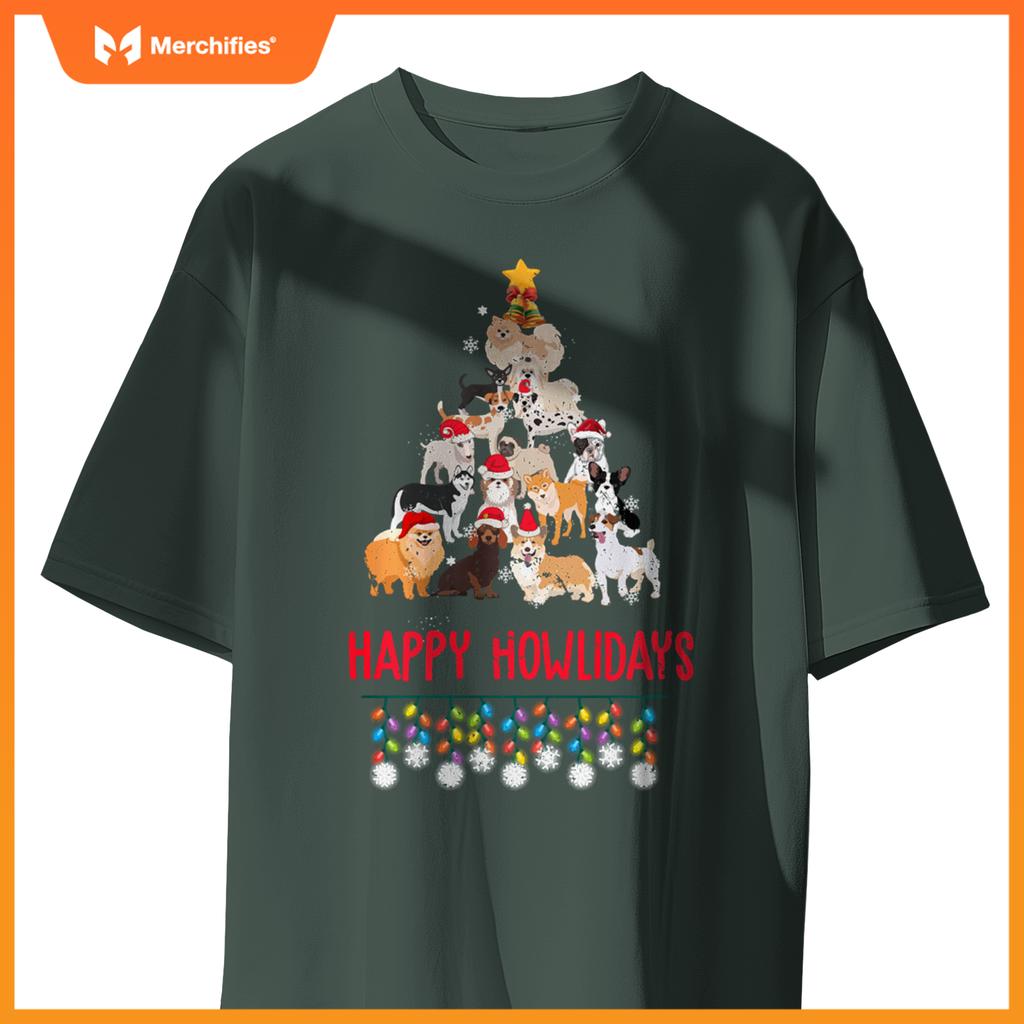 Dog Lover Merry Christmas Tree Dog Breeds Happy Howlidays T-Shirt