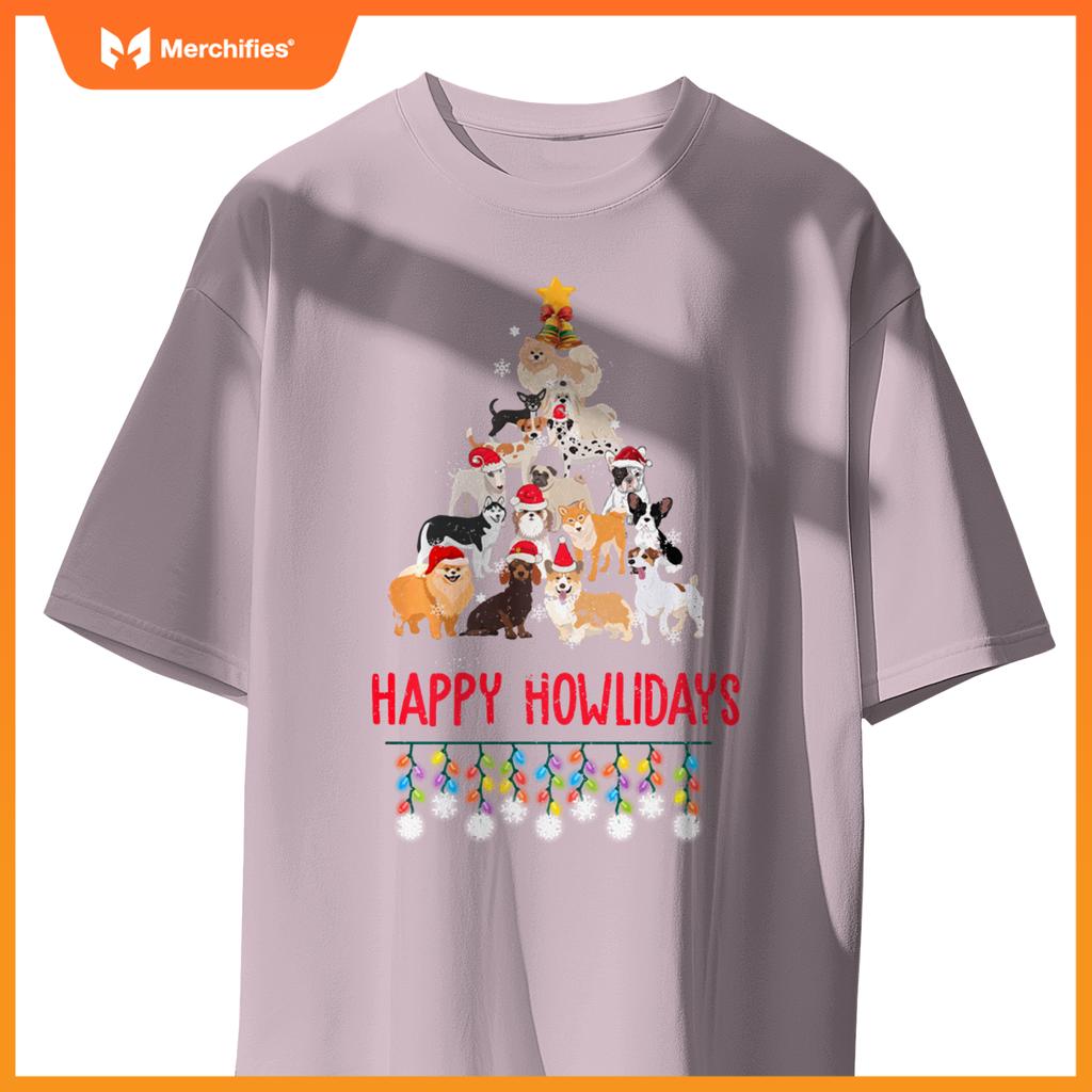 Dog Lover Merry Christmas Tree Dog Breeds Happy Howlidays T-Shirt