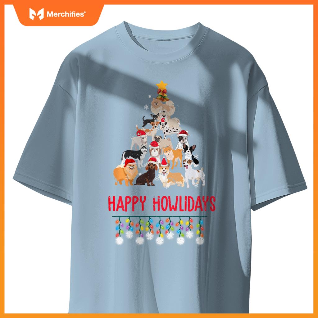 Dog Lover Merry Christmas Tree Dog Breeds Happy Howlidays T-Shirt
