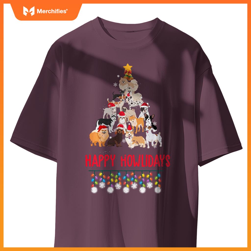 Dog Lover Merry Christmas Tree Dog Breeds Happy Howlidays T-Shirt