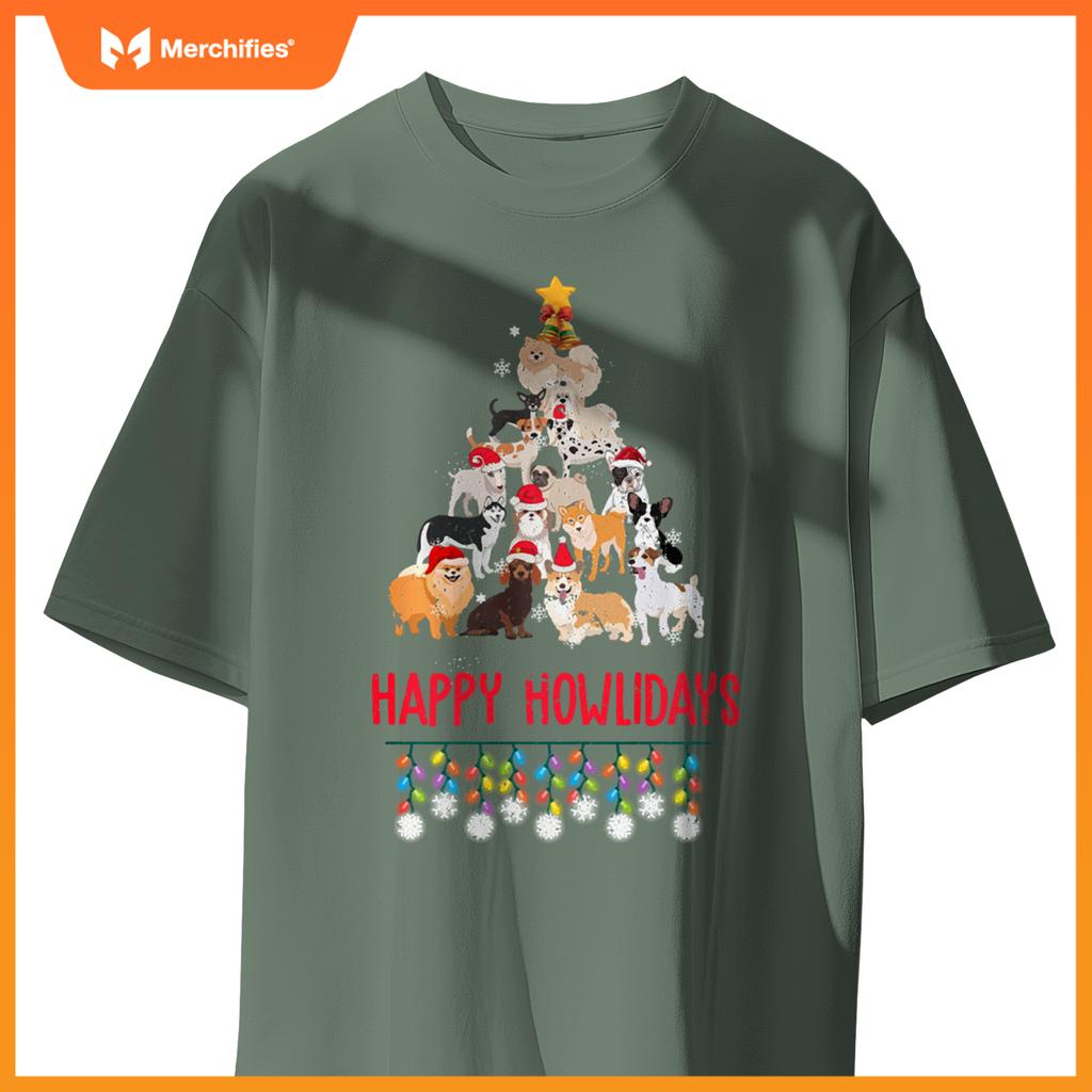 Dog Lover Merry Christmas Tree Dog Breeds Happy Howlidays T-Shirt