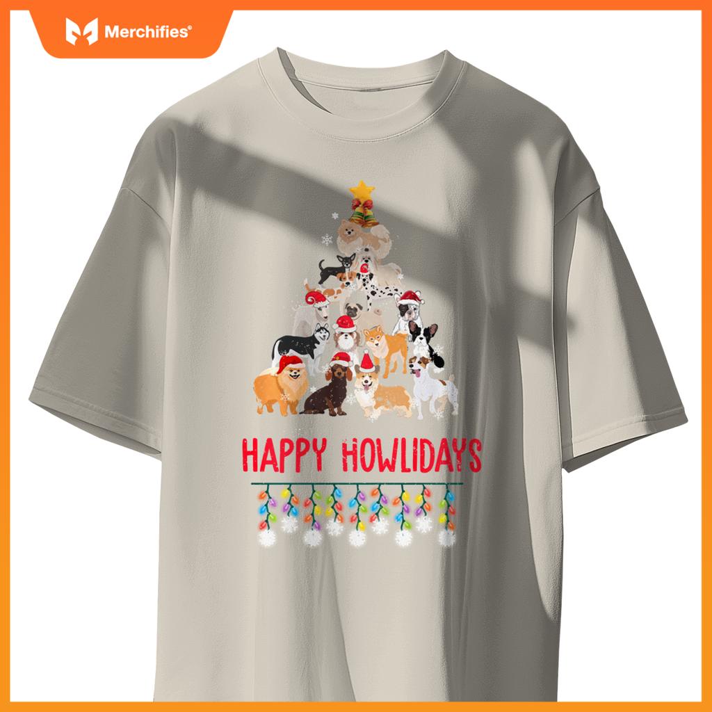 Dog Lover Merry Christmas Tree Dog Breeds Happy Howlidays T-Shirt