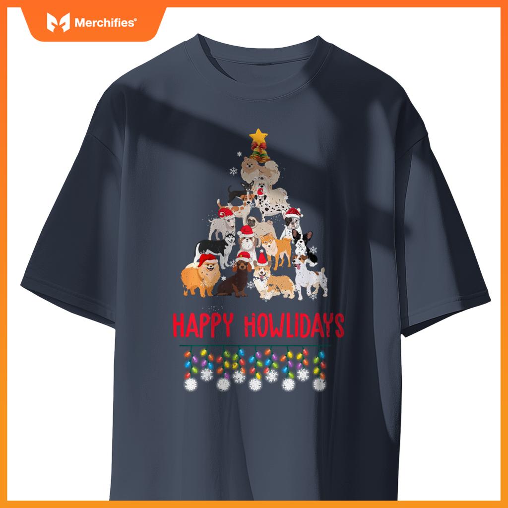 Dog Lover Merry Christmas Tree Dog Breeds Happy Howlidays T-Shirt