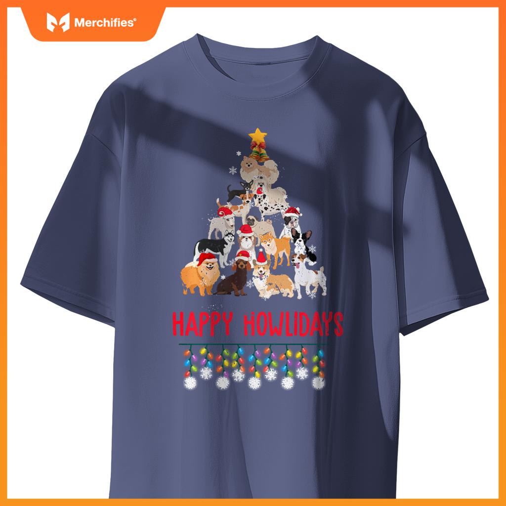 Dog Lover Merry Christmas Tree Dog Breeds Happy Howlidays T-Shirt