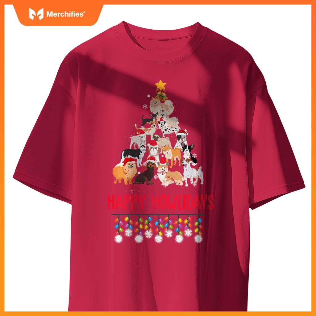 Dog Lover Merry Christmas Tree Dog Breeds Happy Howlidays T-Shirt