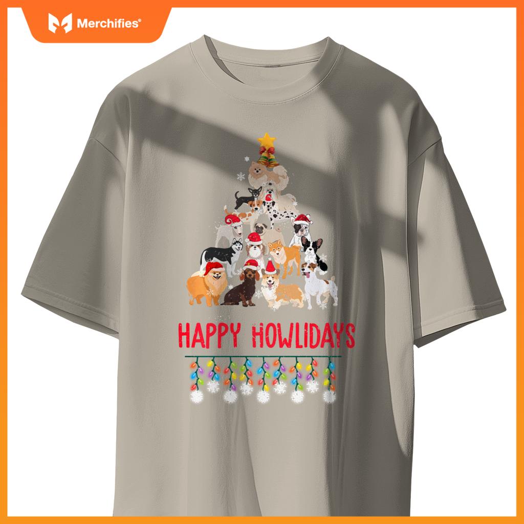 Dog Lover Merry Christmas Tree Dog Breeds Happy Howlidays T-Shirt