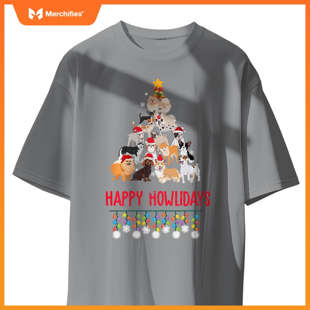 Dog Lover Merry Christmas Tree Dog Breeds Happy Howlidays T-Shirt