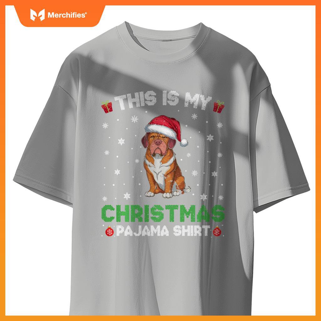 Dogue De Bordeaux Dog Wearing Santa Hat Matching Xmas Pajama T-Shirt