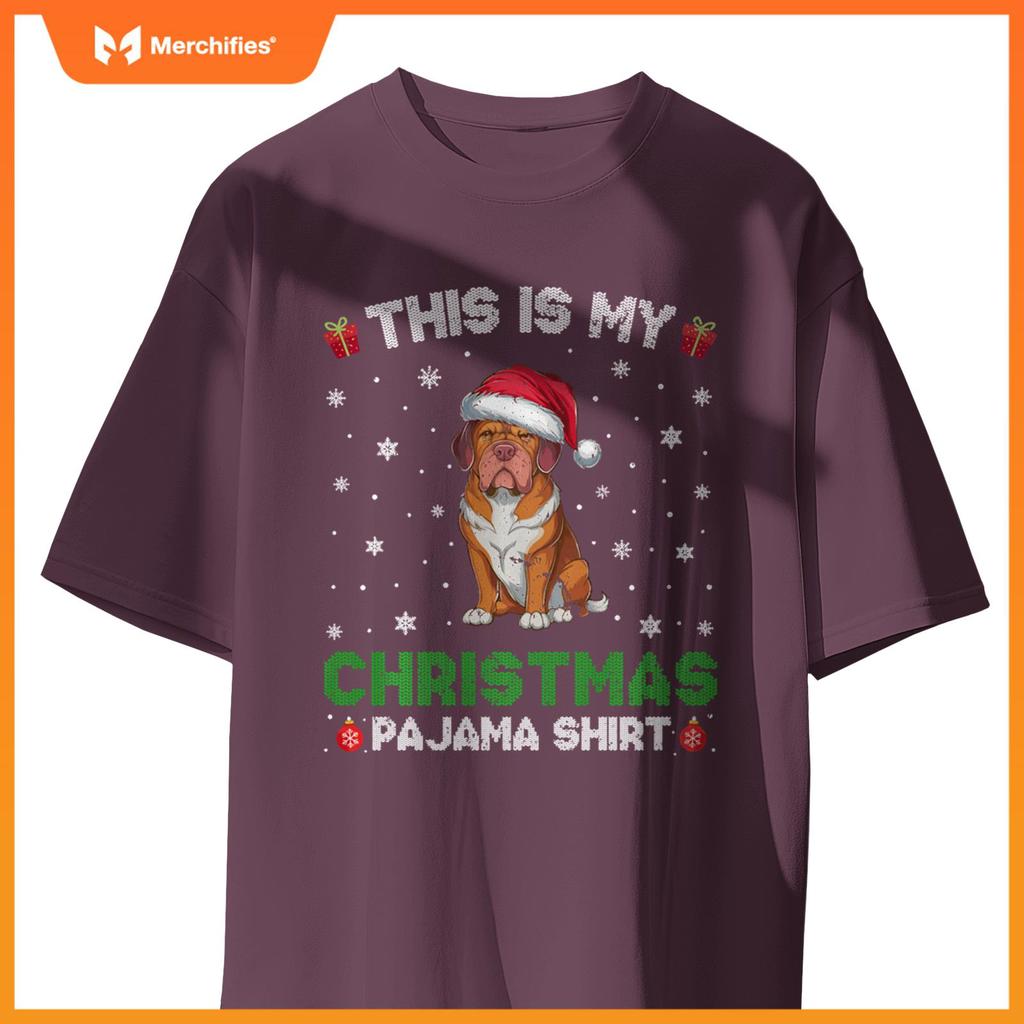 Dogue De Bordeaux Dog Wearing Santa Hat Matching Xmas Pajama T-Shirt