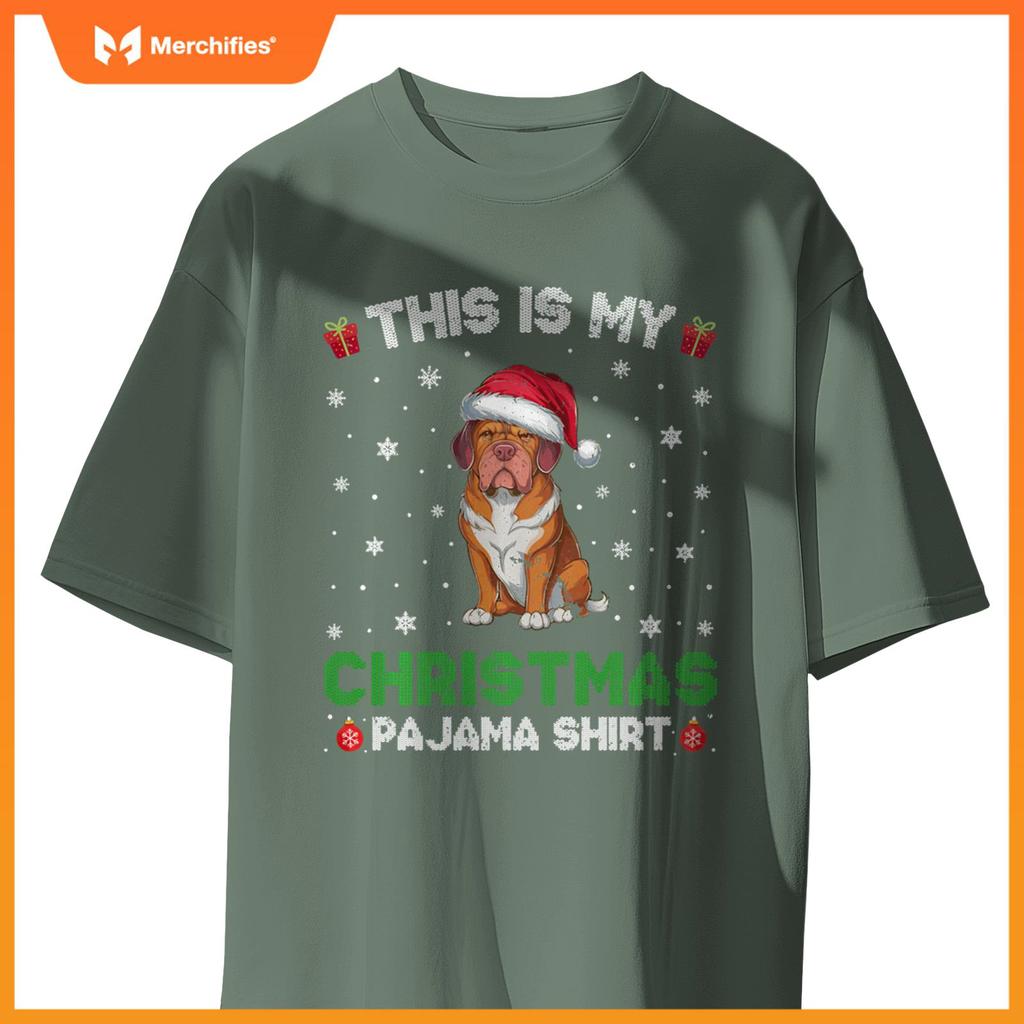 Dogue De Bordeaux Dog Wearing Santa Hat Matching Xmas Pajama T-Shirt