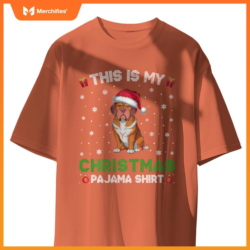 Dogue De Bordeaux Dog Wearing Santa Hat Matching Xmas Pajama T-Shirt