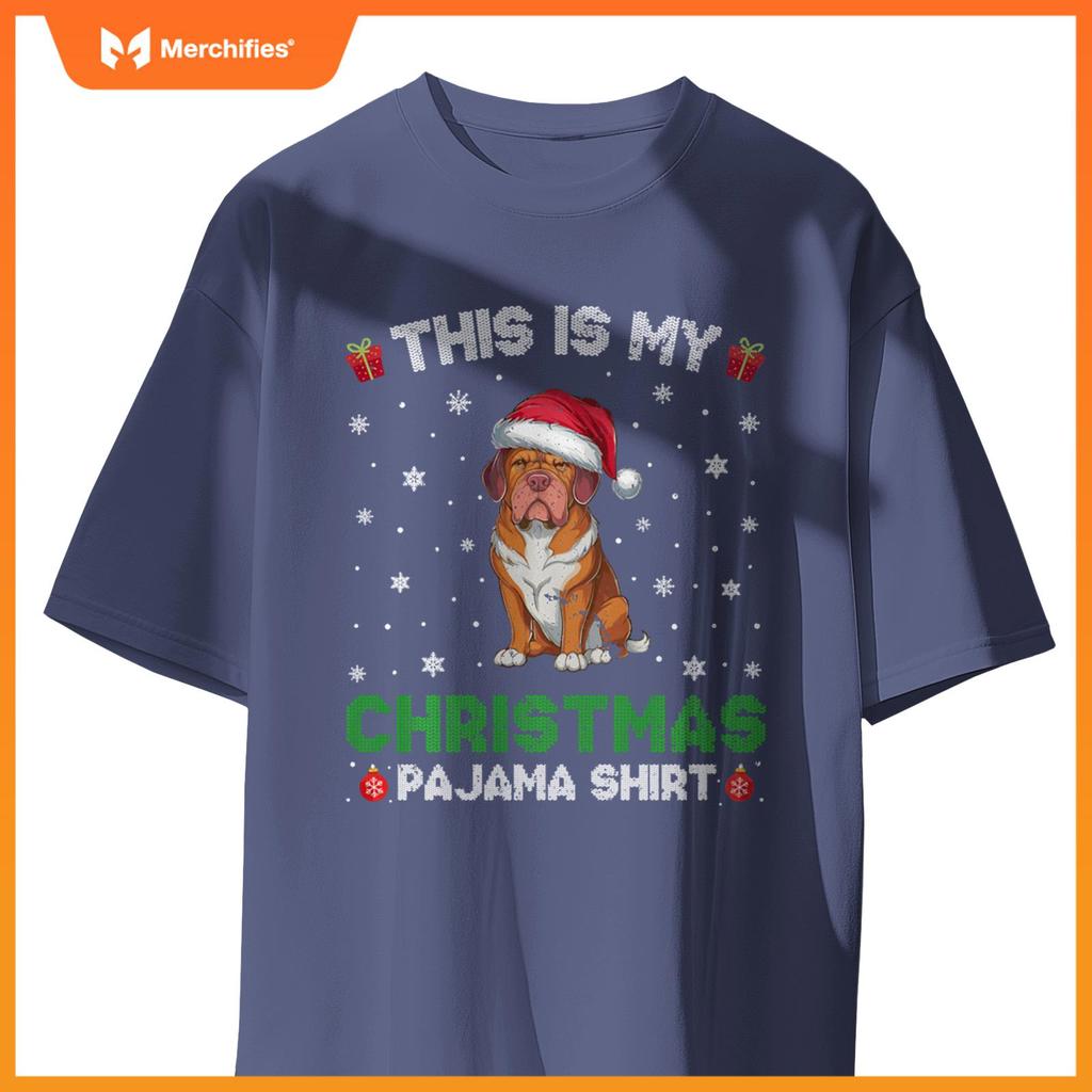 Dogue De Bordeaux Dog Wearing Santa Hat Matching Xmas Pajama T-Shirt