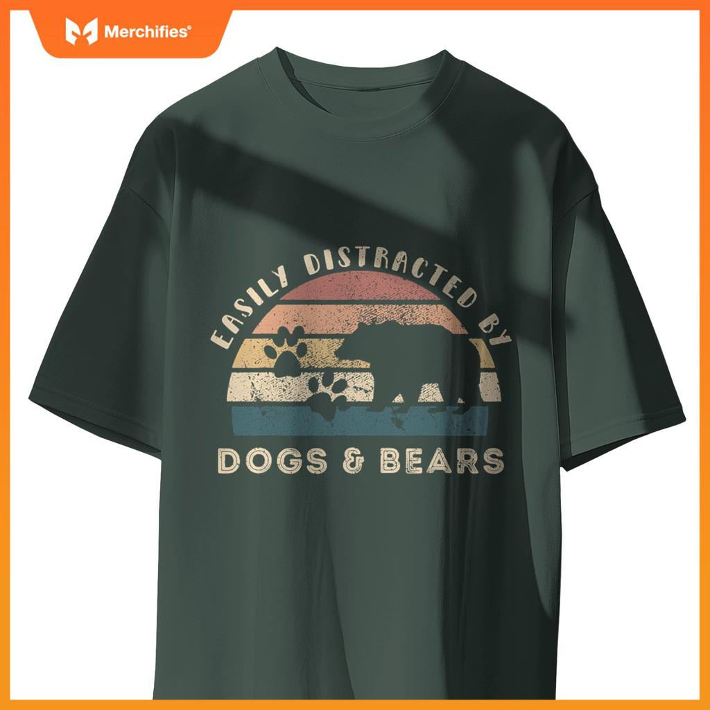 Easily Distracted By Bears Dogs Retro Funny Bear Dog Lover T-Shirt