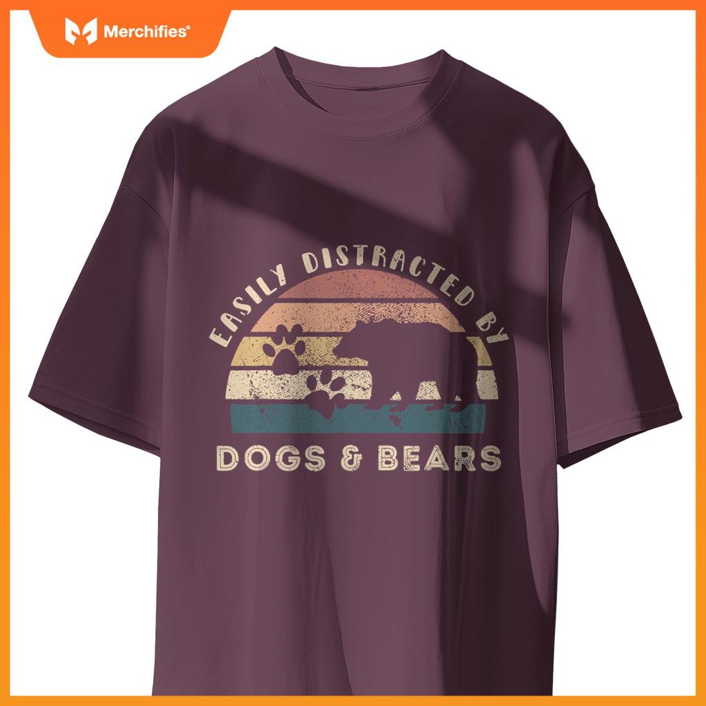 Easily Distracted By Bears Dogs Retro Funny Bear Dog Lover T-Shirt