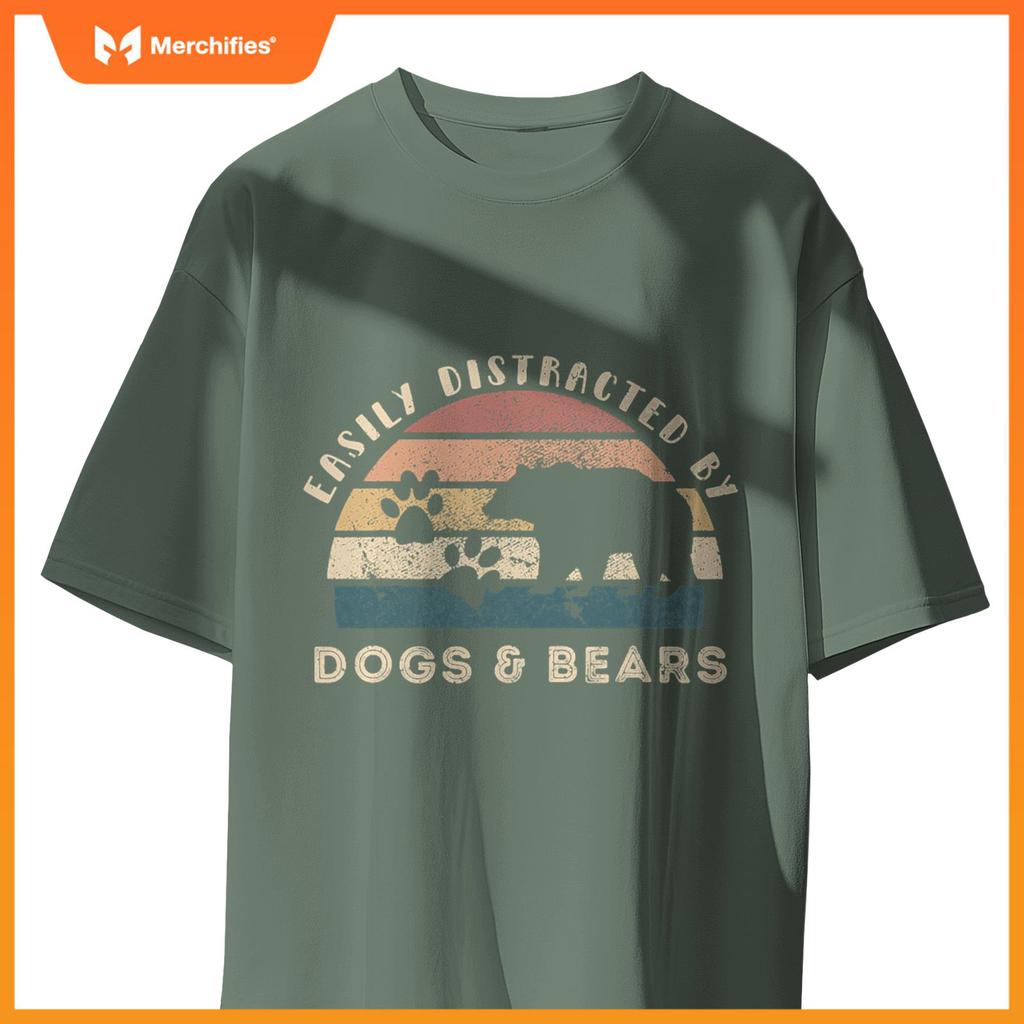 Easily Distracted By Bears Dogs Retro Funny Bear Dog Lover T-Shirt