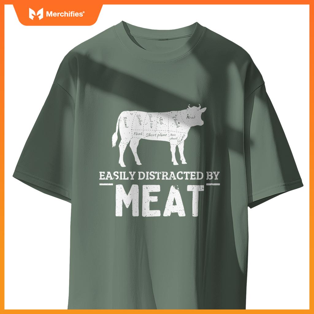 Easily Distracted By Meat Funny Vintage BBQ Chef Butcher T-Shirt