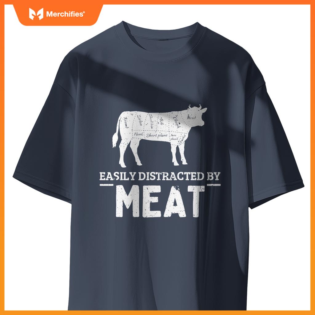 Easily Distracted By Meat Funny Vintage BBQ Chef Butcher T-Shirt
