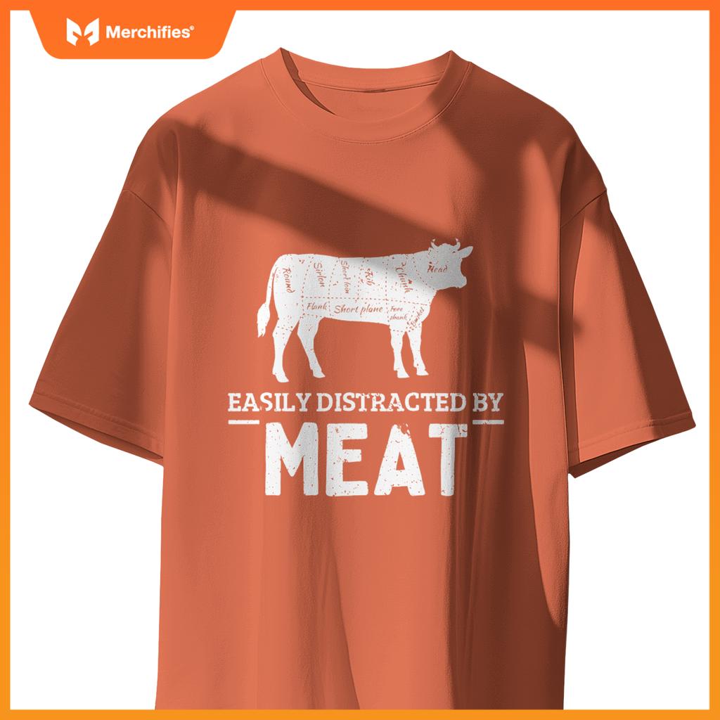 Easily Distracted By Meat Funny Vintage BBQ Chef Butcher T-Shirt