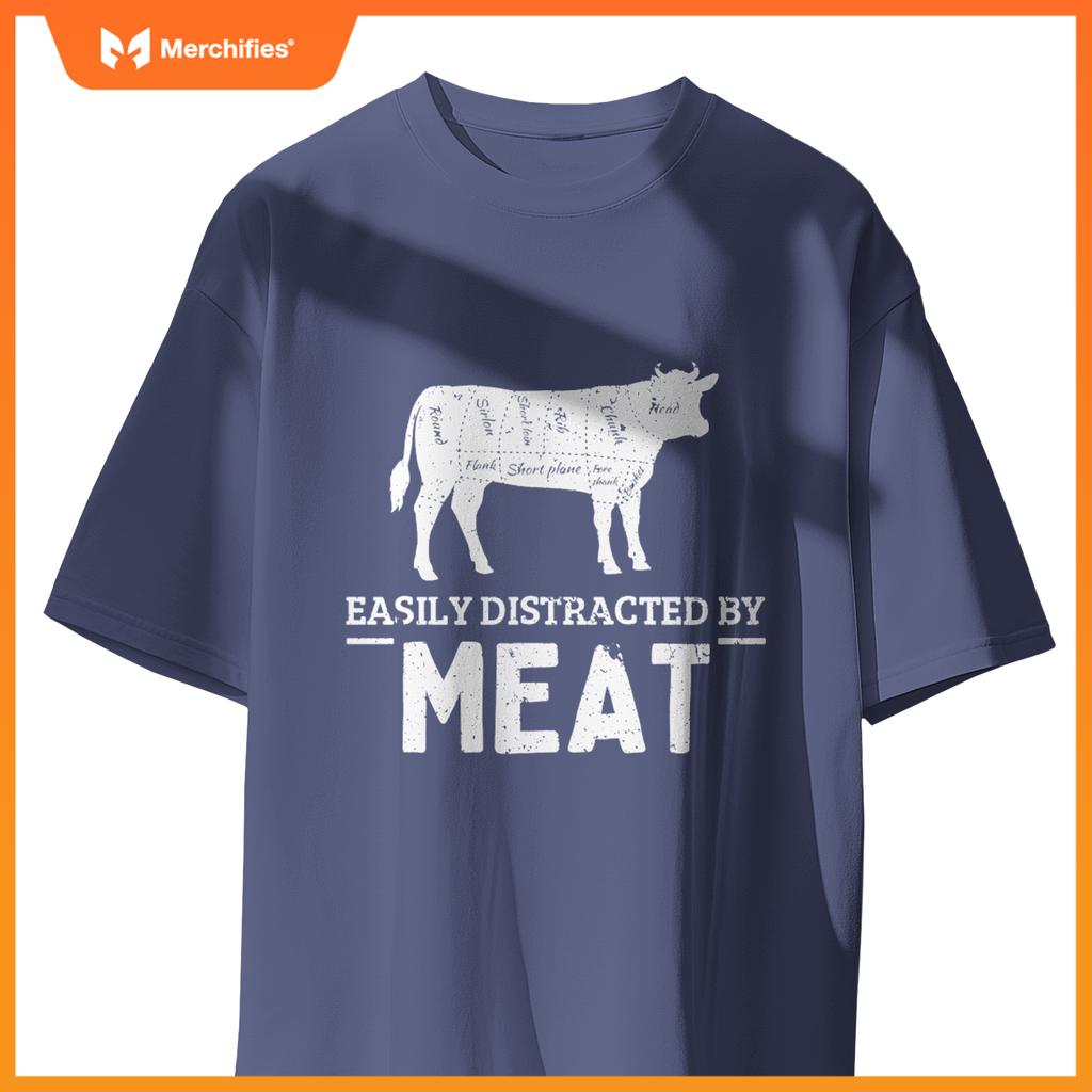 Easily Distracted By Meat Funny Vintage BBQ Chef Butcher T-Shirt