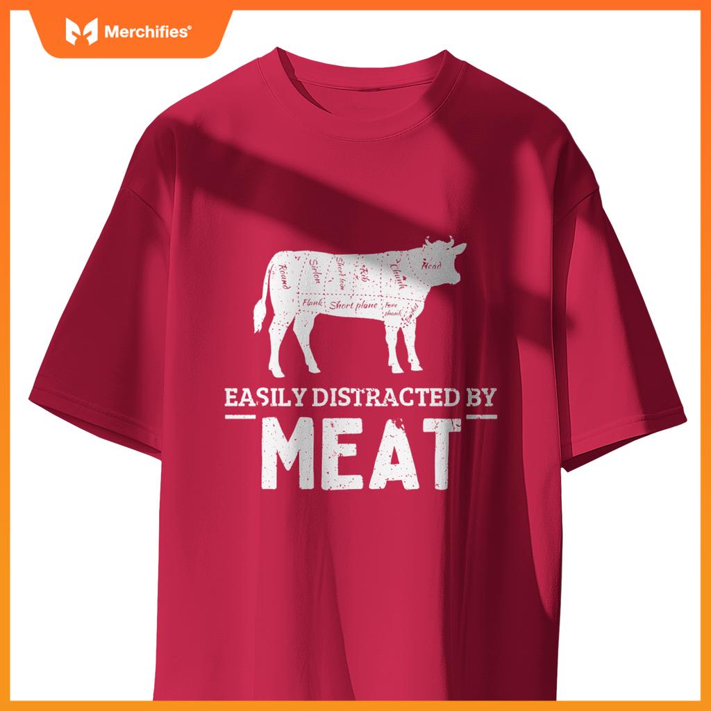 Easily Distracted By Meat Funny Vintage BBQ Chef Butcher T-Shirt