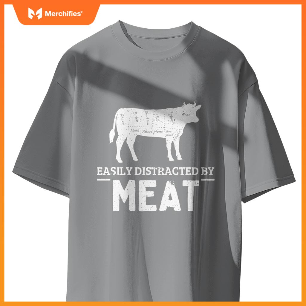 Easily Distracted By Meat Funny Vintage BBQ Chef Butcher T-Shirt