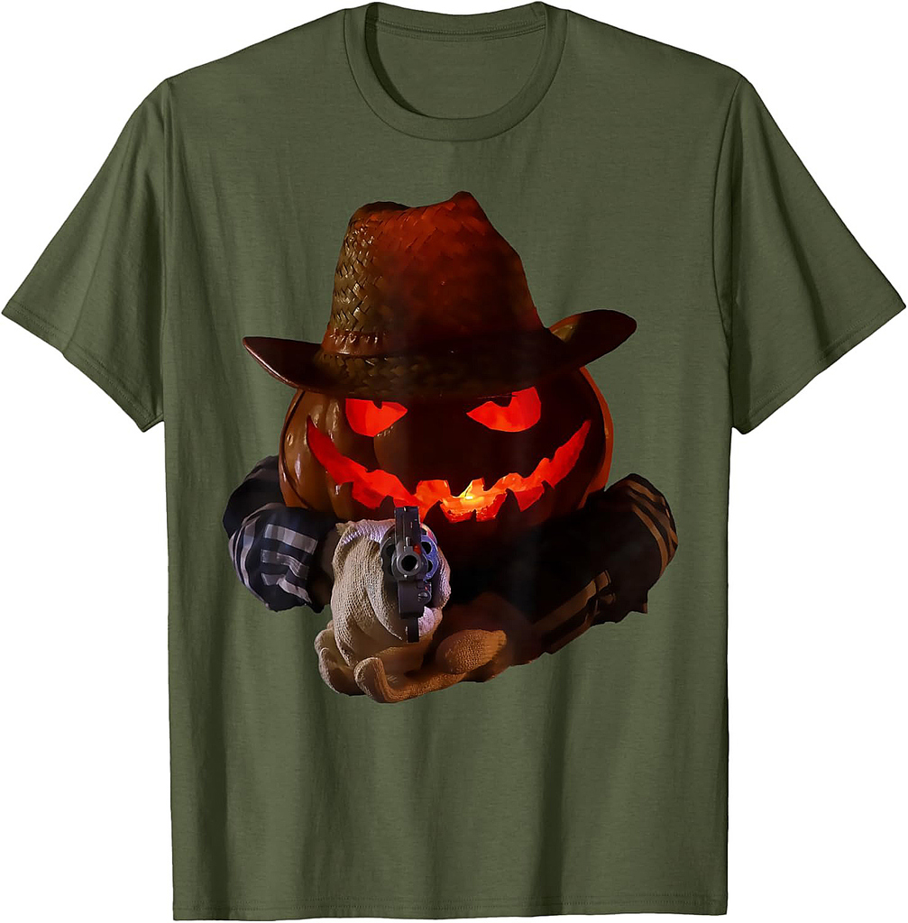 Evil Pumpkin with Gun Funny Adults Cowboy Halloween Costume T-Shirt