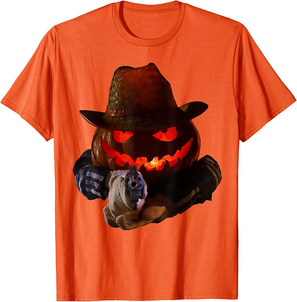 Evil Pumpkin with Gun Funny Adults Cowboy Halloween Costume T-Shirt