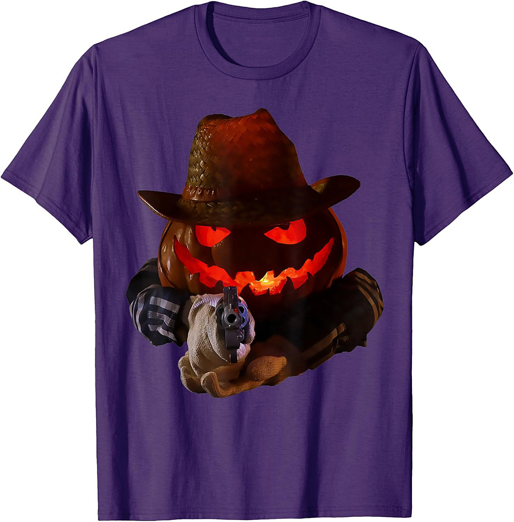 Evil Pumpkin with Gun Funny Adults Cowboy Halloween Costume T-Shirt