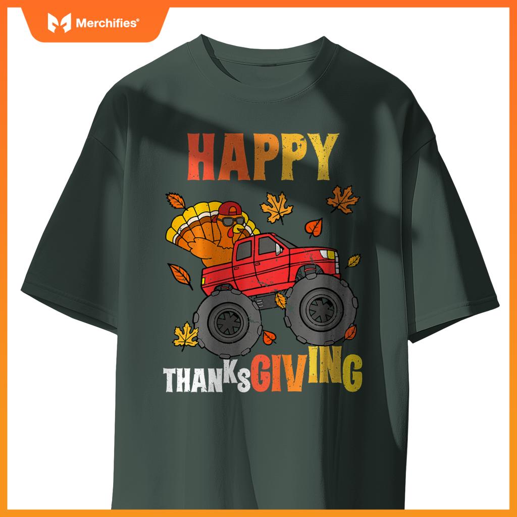 Kids Monster Truck Turkey Happy Thanksgiving Boys Girls T-Shirt