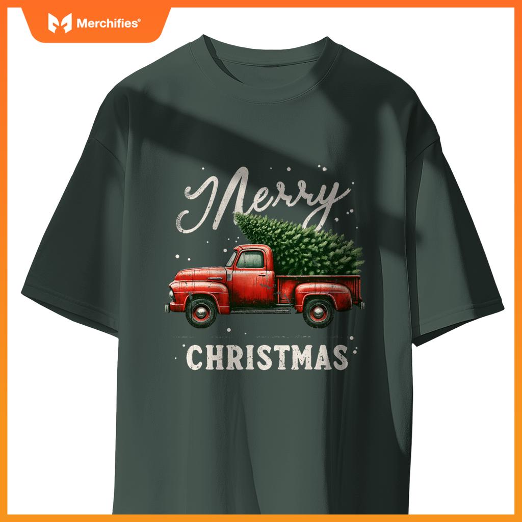 Merry Christmas Tree On Red Truck Wagon Xmas T-Shirt