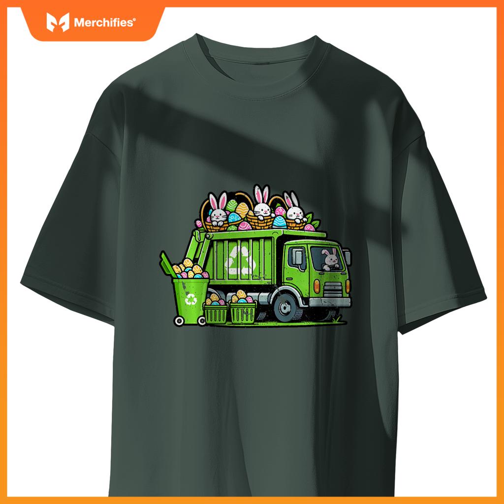 Kids Happy Easter Day Rabbit Lover Bunny Riding Garbage Truck T-Shirt