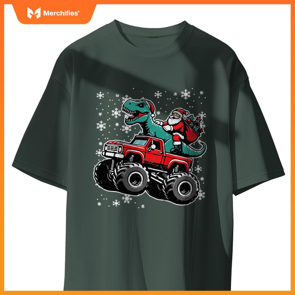 Kids Christmas Monster Truck Dino Santa Xmas Toddler Boys Kids T-Shirt