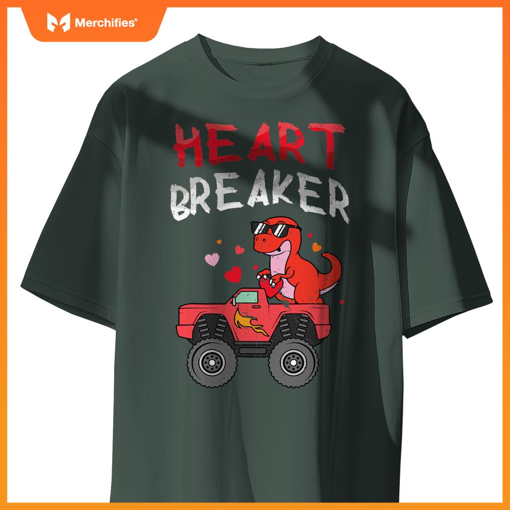 Kids Dinosaur Monster Truck Break Hearts Happy Valentines T-Shirt