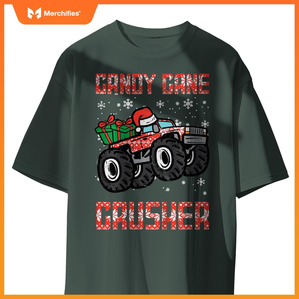 Kids Christmas Candy Cane Crusher Xmas Monster Truck Toddler Boys T-Shirt