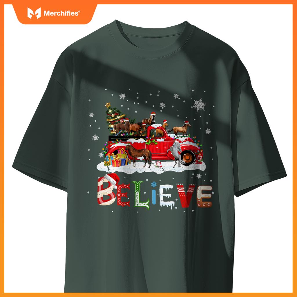 Horse Riding Red Truck Christmas Tree Believe Santa Pajama T-Shirt